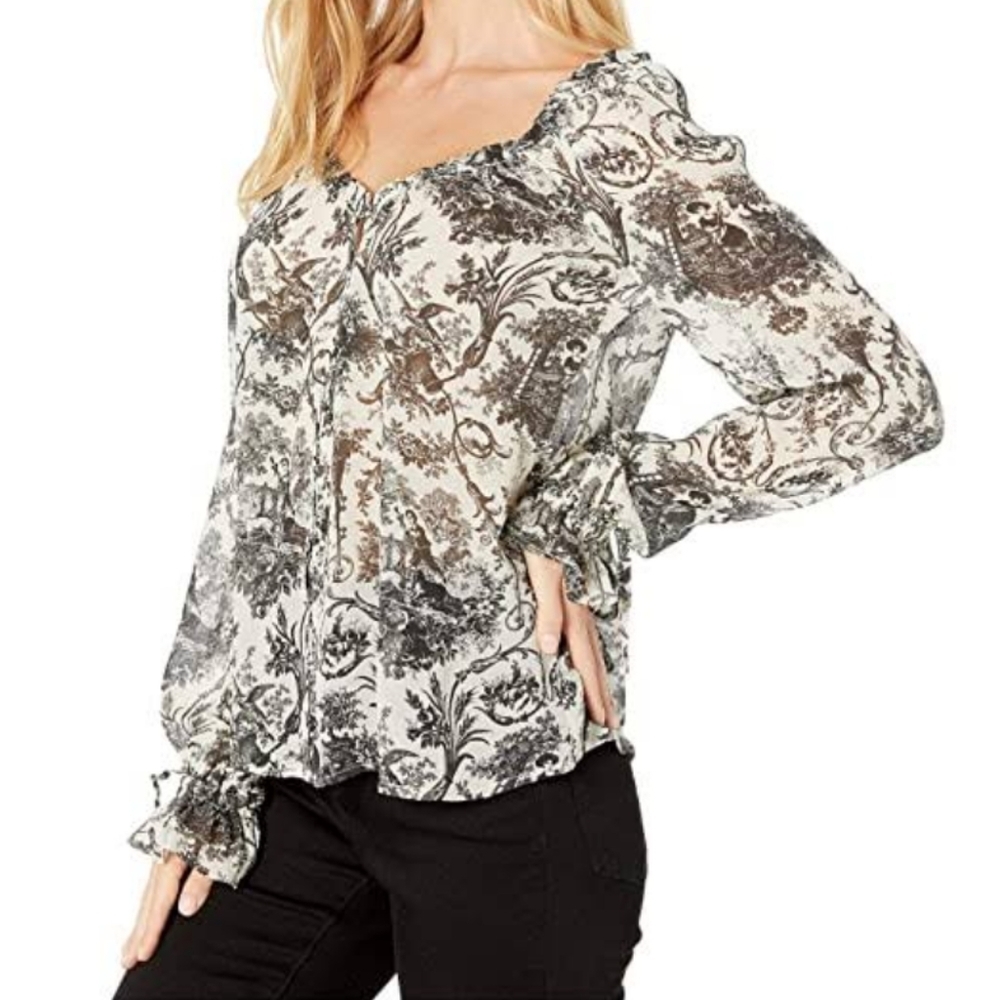 PAIGE Blouse 100% Silk Semi-Sheer Long Sleeves Toile Print Black Parchment S NWT - Picture 14 of 16